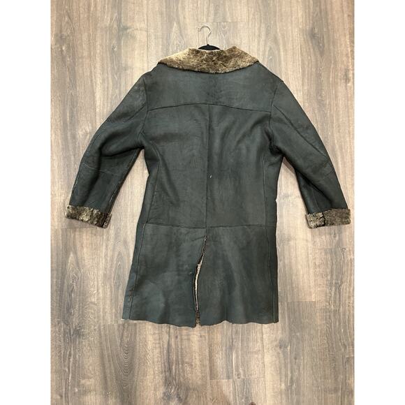 Schott NYC Long leather Shearling Fur Coat Collared Black Unisex Reversible Sz L - Picture 9 of 11